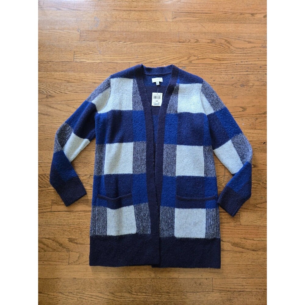 Lucky Brand Wool Blend Blue Checkered Long Duster Knit Cardigan Size Small NWT